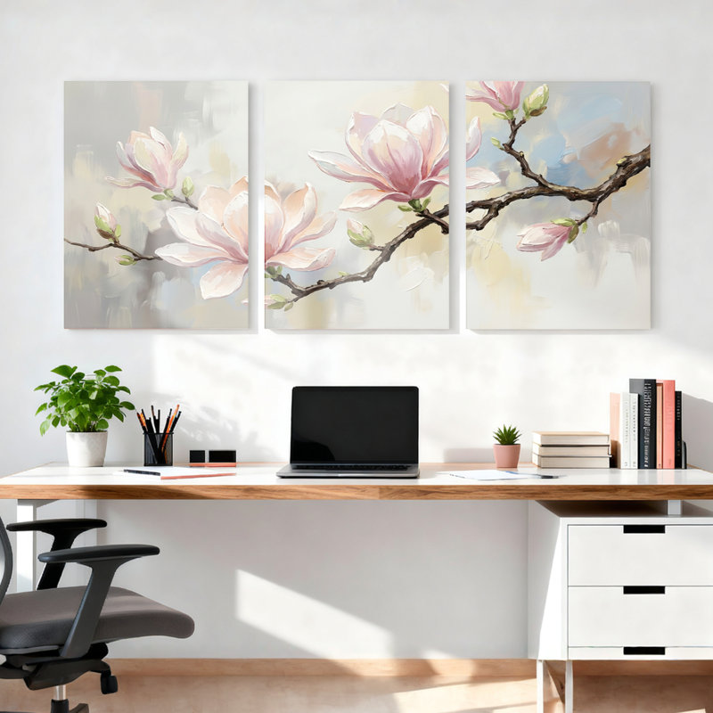 Ensemble de 3 tableaux muraux sur toile tendue représentant des fleurs de magnolia, pour la décoration du salon et de la chambre.