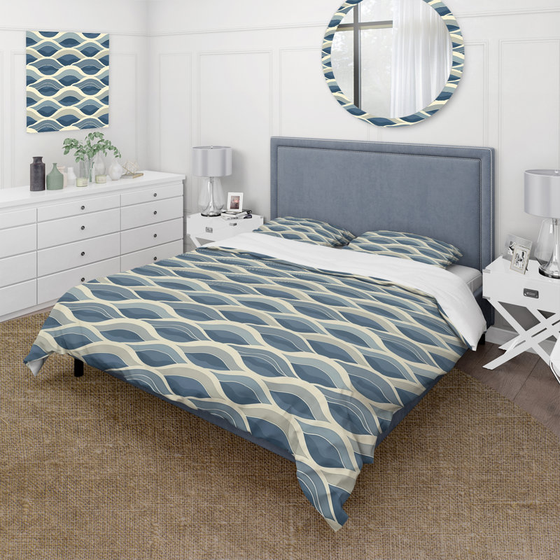 Ensemble de housse de couette bleu beige Midcentury Waves II - Midcentury, Housse de couette très grand + 2 taies décorativ
