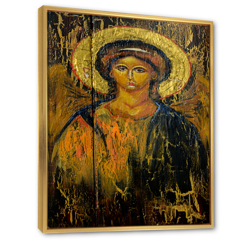 Ange religieux, œuvre d'art II - peinture sur toile, H 32 po x l 16 po x P 1 po, Cadre flottant doré