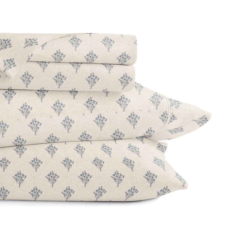 Literie en microfibre ultra douce, Ensemble de draps pour très grand lit avec 2 taie, Motif floral bleu / blanc
