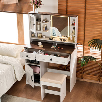 Élégant meuble-lavabo avec station de charge, éclairage tricolore et traitement de surface imperméable, miroir de maquillage blanc réglable, prises de courant intégrées, deux tiroirs de rangement,