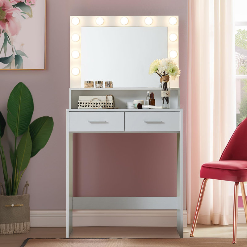 Bureau de coiffeuse avec miroir et lumières, Blanc