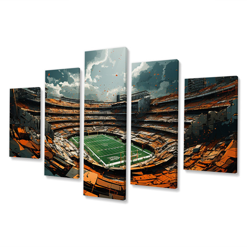Stade de football abstrait vert - architecture, art mural salon - 5 panneaux