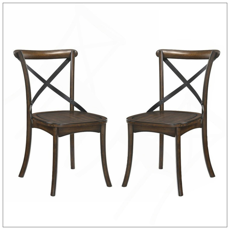 Ensemble de 2 chaises d'appoint Mid-Century modernes en métal, chêne foncé et noir, avec des pieds évasés et un design en X