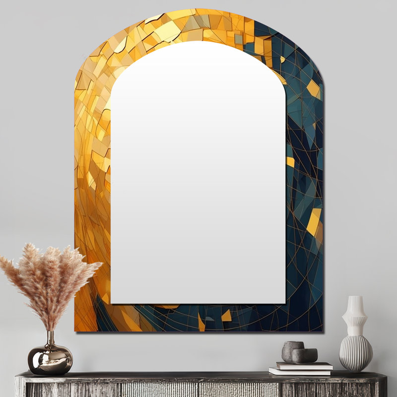 Gold and Black Cubist Visions VI - Cubism Arch Mirror, Gold Asymmetrical Decorative Wall Mirror, Printed Metal Art, 43" x 33"