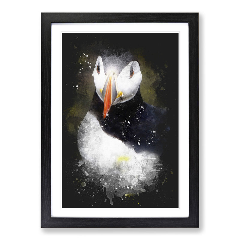 Atlantic Puffin Birds Vol.2 Paint Splash - Picture Frame Graphic Art, 48cm H x 36cm W x 2cm D, Black