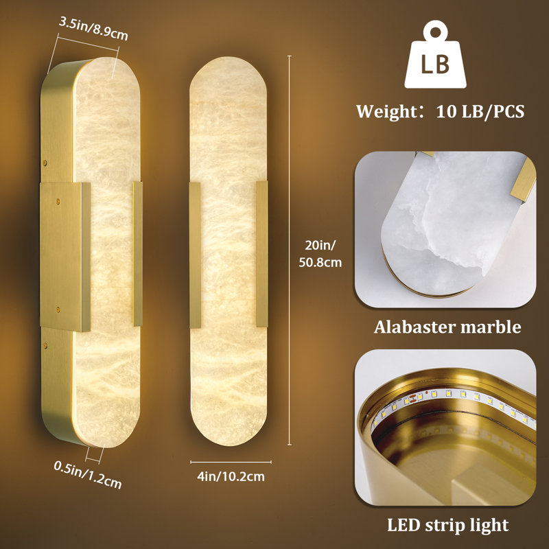 20'' Dimmable Led Alabaster Wall Sconces, Brass