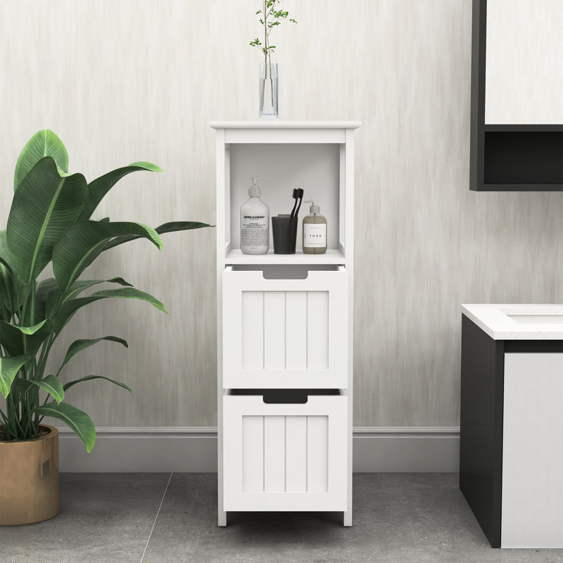 Bathroom Floor Cabinet With 2 Drawers And 1 Storage Shelf,Freestanding Wood Storage Organizer Cabinet-White