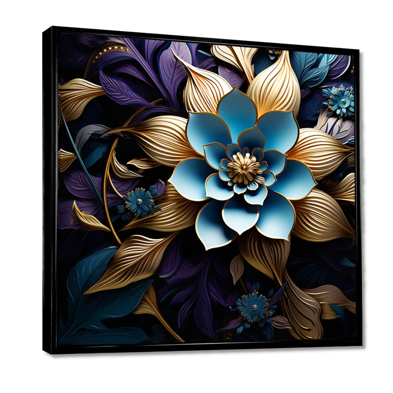Fleur de lotus bleu feuilles dorées - art mural floral moderne salon, Toile avec cadre flottant noir