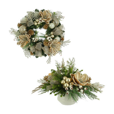 Holiday Magnolia Bundle including 26" Wreath and Floral Arrangement