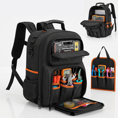 Tool Backpack for Men with Removable Organizer, Heavy Duty Water-Resistant Work Bag for Electrician Plumber HVAC, Black