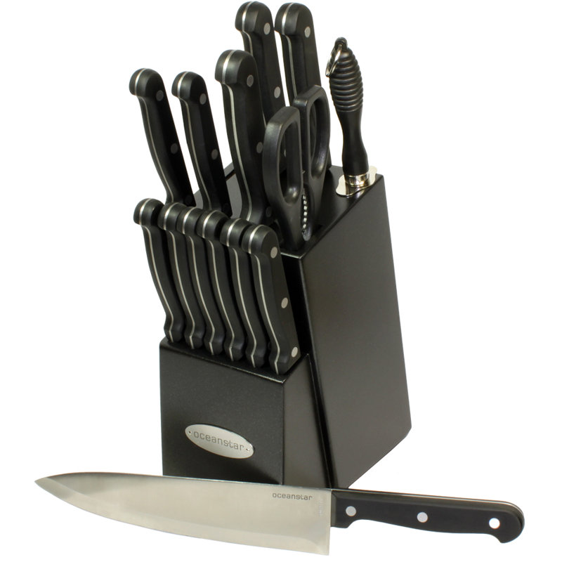 Oceanstar Design 15 Piece High Carbon Stainless Steel Knife Block Set, Elegant Black