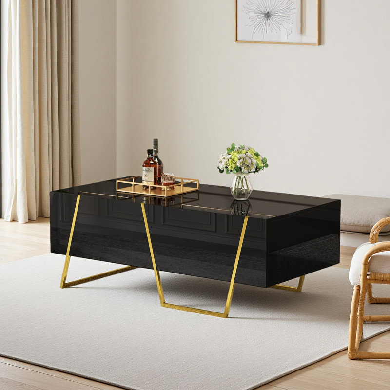 Table basse rectangulaire moderne ultrabrillante pour le salon avec rangement et base dorée, 4 tiroirs, 47,2 po