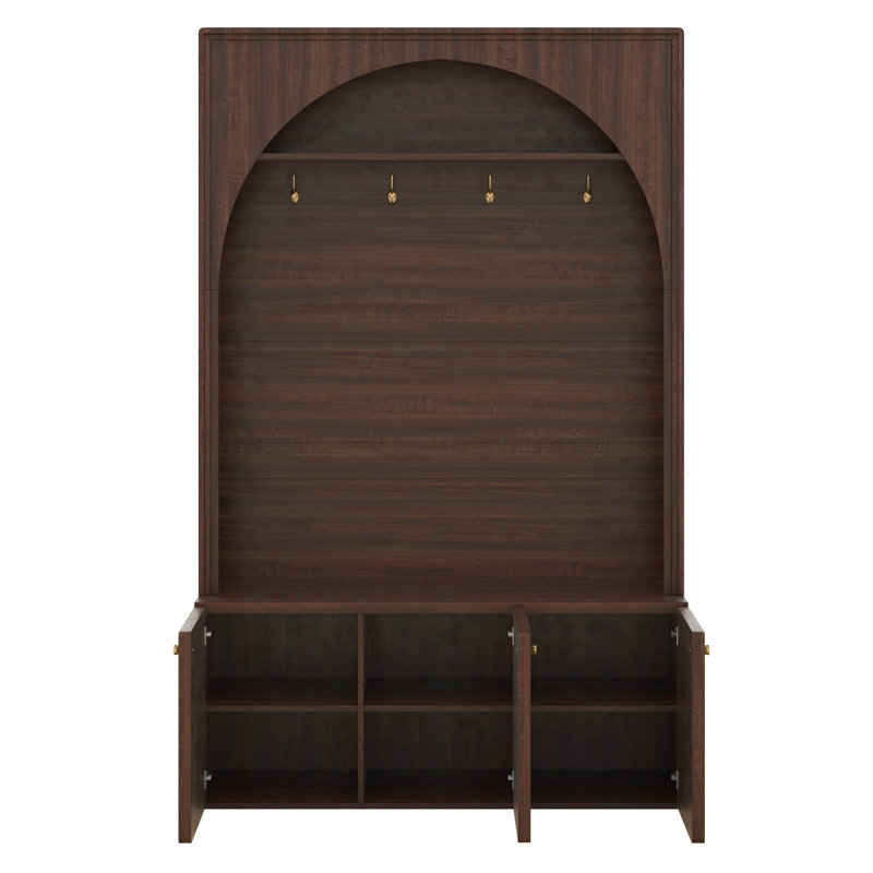 Entryway Hall Tree With Storage Bench, Adjustable Shelves, Arched Coat Rack With 4 Golden Hooks And 3 Cabinets, Walnut