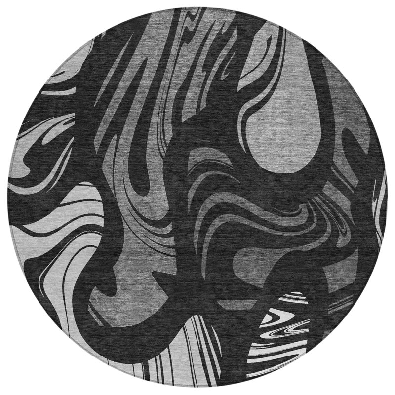 Machine Washable Indoor/Outdoor Chantille ACN2852 Abstract Rug, 8' Round, Black