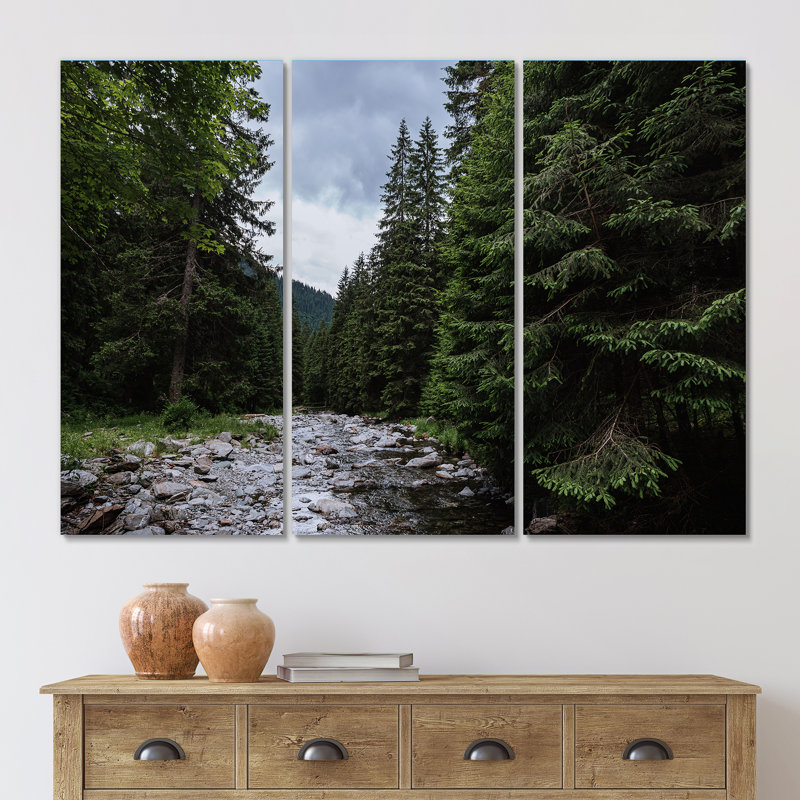 Mountain Landscape With River And Forest Trees - 3 Piece Wrapped Canvas Print, 32" H x 48" W x 1" D