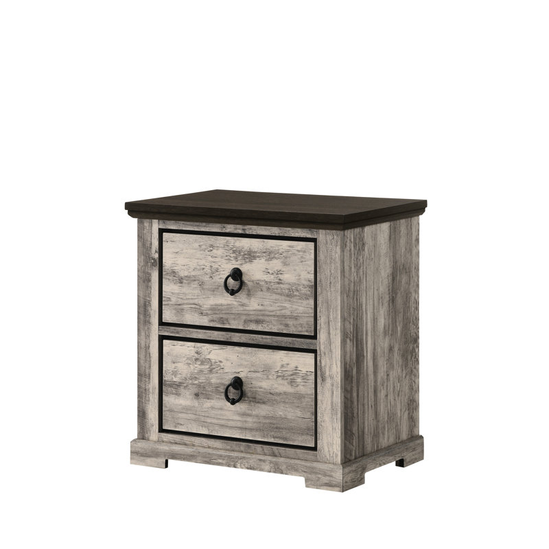Table de chevet de style contemporain en gris avec deux tiroirs pratiques et poignées en métal pour les espaces de tiroirs modernes