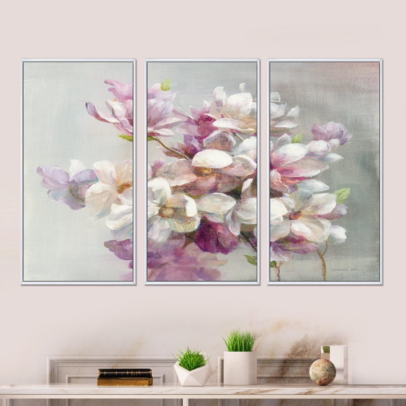 Fleurs de magnolia roses - ensemble d'art mural encadré sur toile Shabby Elegance, ensemble de 3, H 32 po x l 48 po x P 1 po