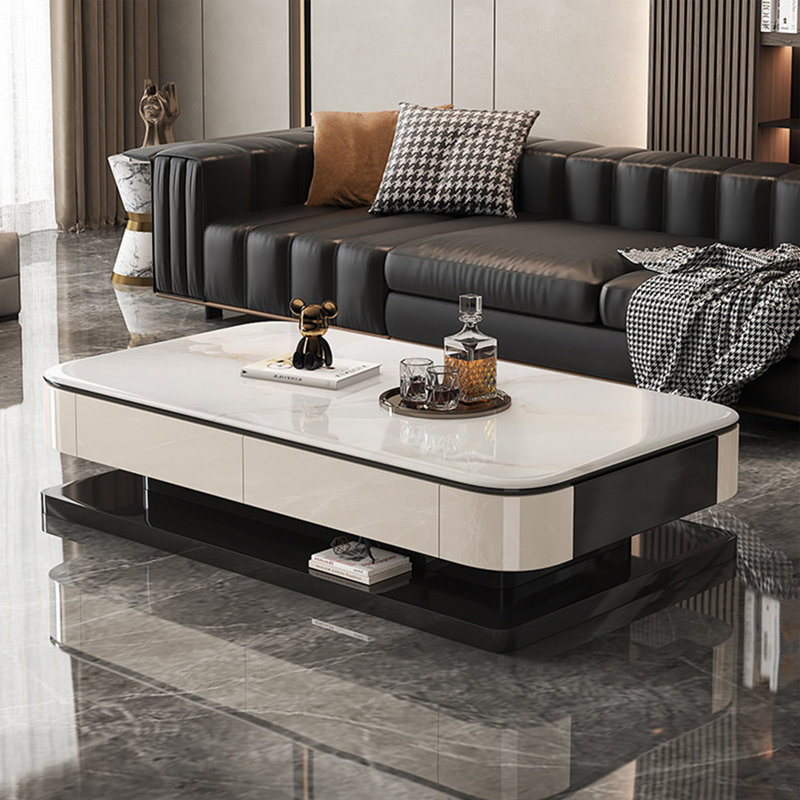 Table basse italienne en pierre micro-cristalline, 16.5" H x 51.2" W x 27.6" D, White / Black