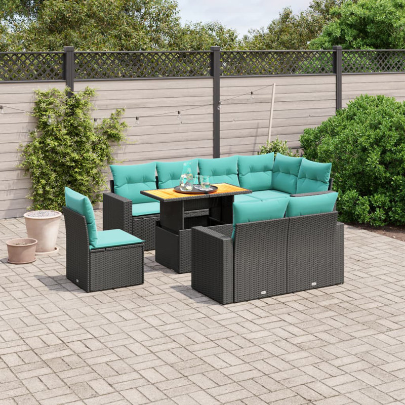 Ensemble de canapé de patio 9 pièces avec coussins en rotin de polyester, Bleu clair, Noir