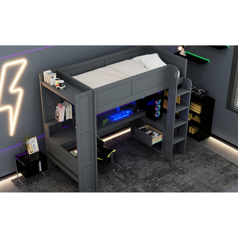 Lit mezzanine simple en bois gris foncé avec bureau, zones multiples, DEL, prise de charge dans plusieurs rangements, -