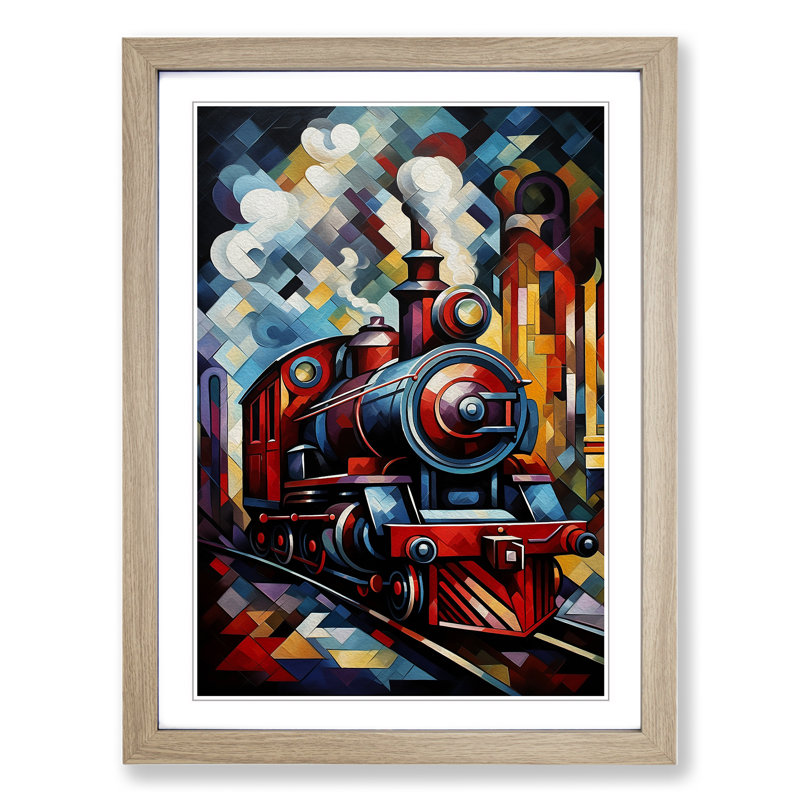 Steam Train Cubism - Framed Print, 34" H x 25" W x 2" D, Oak