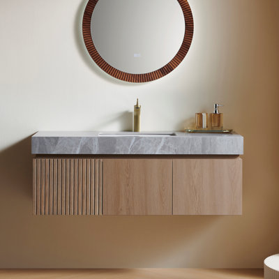 Muri 48" Bathroom Vanity&sink, Floating Plywood Storage Cabinet With Drawer&doors, Light Gray Sintered Stone Top&ceramic Basin With 1 Pre-drilled Faucet Hole, Pre-assembled, Heidelberg Woodgrain Color