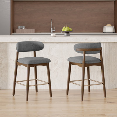 Modern Upholstered Counter Height Bar Stool With Back, Non-swivel, Solid Rubberwood Legs And Bronze Metal Footrest