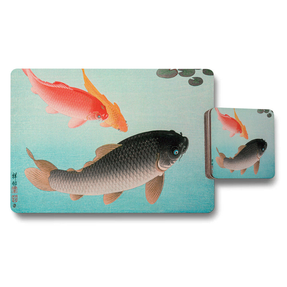 Koi Fish Placemats And Coaster Set Vintage Style Ocean Scene