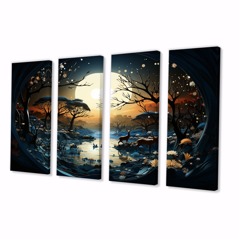 «Dreamy Moonlit Jungle I», ensemble d'art mural abstrait 4 pièces, H 32 po x l 64 po