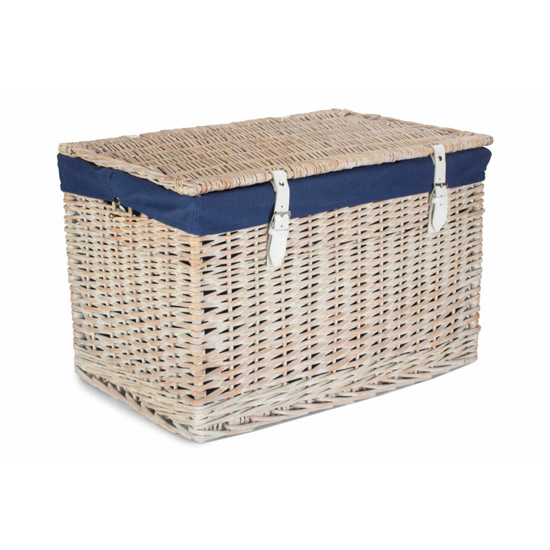 Fleur De Lis Living 23" Wicker Chest Hamper Basket with Lining, White Wash/Navy
