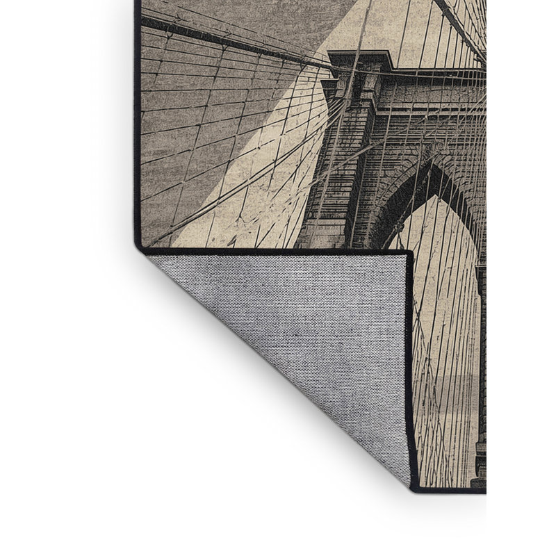 Machine Washable Pandelica Brooklyn Bridge Industrial Geometric Rug in Beige – Black Binding, 5x8