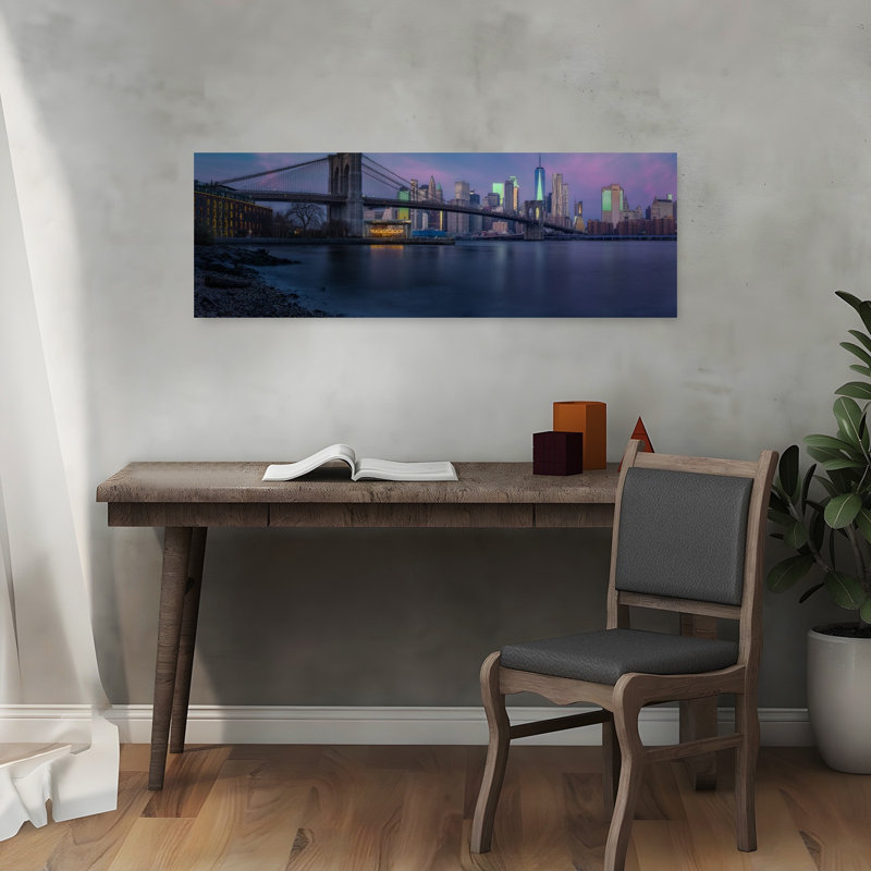 Brooklyn Bridge At Dusk 1 Piece Wrapped Canvas Panoramic Wall Art, 30.84cm H x 91.44cm W