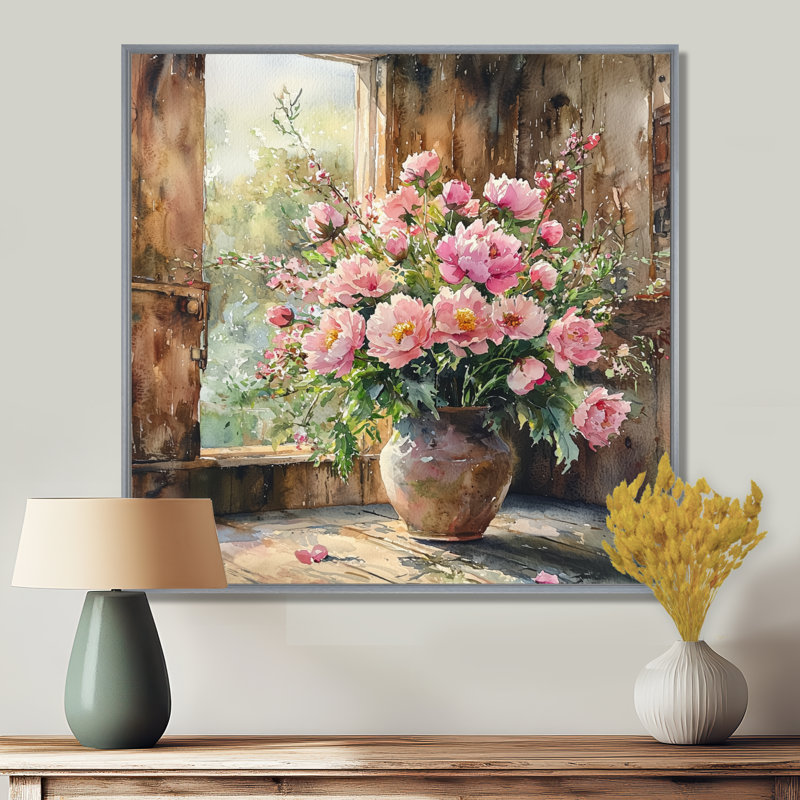 Assortiment de bouquets de fleurs d'été à la grange I - Assortiment de bouquets d'art mural, Impression encadrée flottante