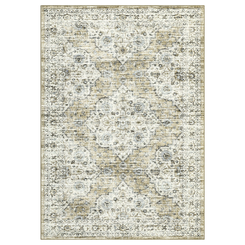 Washable 9x12 Boho Vintage Area Rugs for Living Room Non-Slip Distressed Large Rugs for Bedroom Dining Nursery Neutral Oriental Throw Thin Foldable Carpet for Playroom Vintage Carpet, Brown Yellow