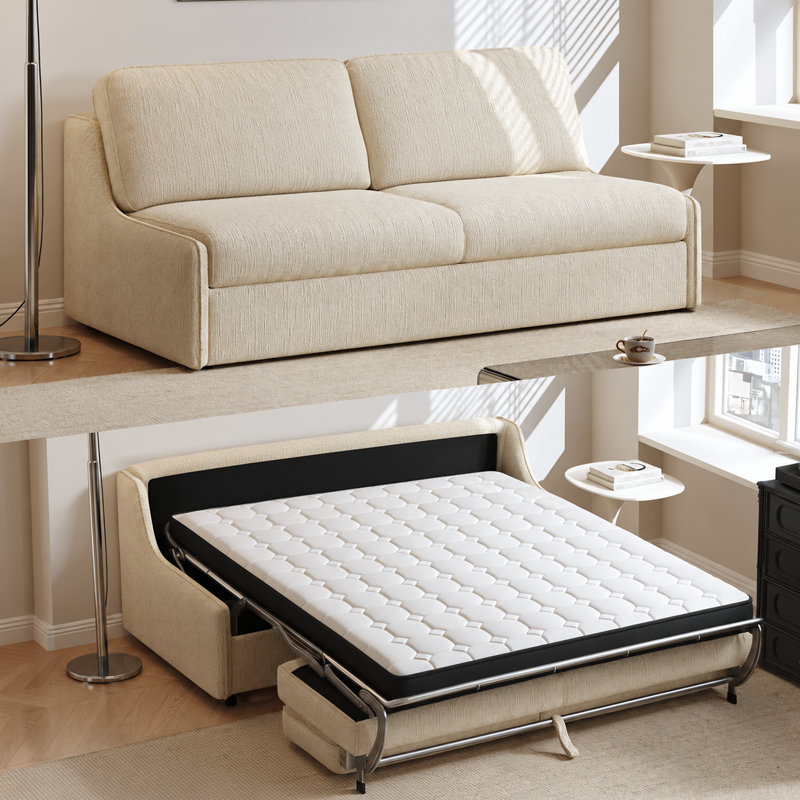 59.06"Modern Armless Convertible Sofa Bed with Plush Chenille, 5-Layer Cushioning for Small Spaces, Beige