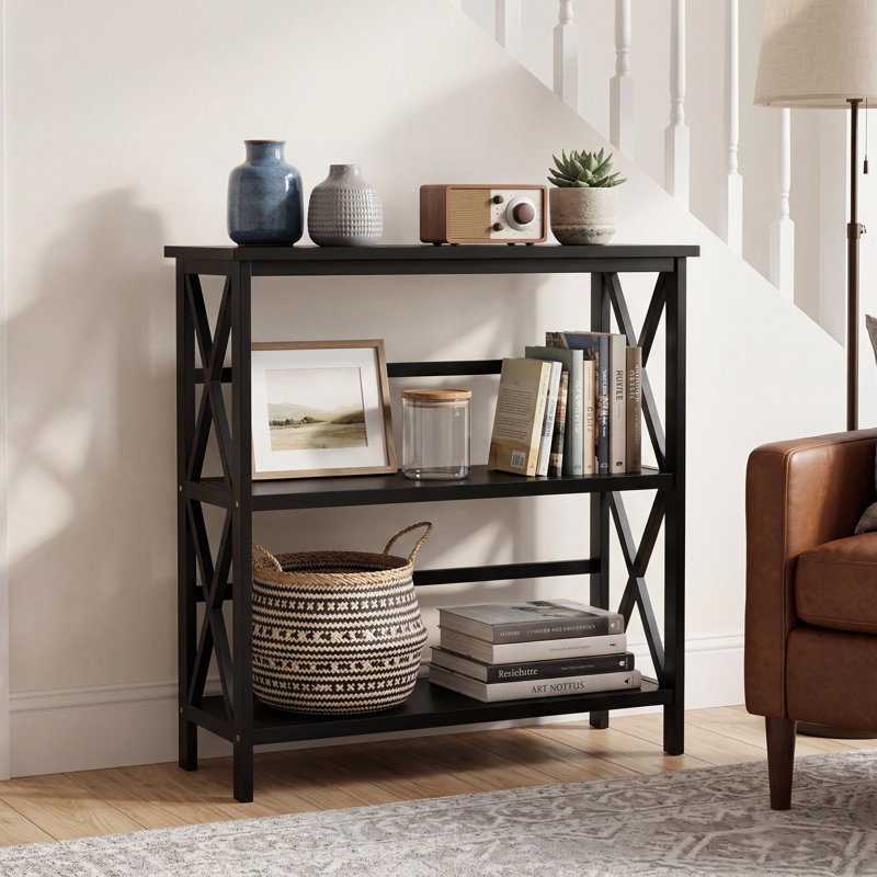 3-Shelf Bookcase, 3-Tier Open Bookcase with X-Design Frame, Console Table for Living Room, Home Office, Black