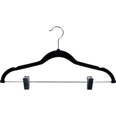 Black Flocked Velvet Slim Line Pants Hangers with Clips, Black