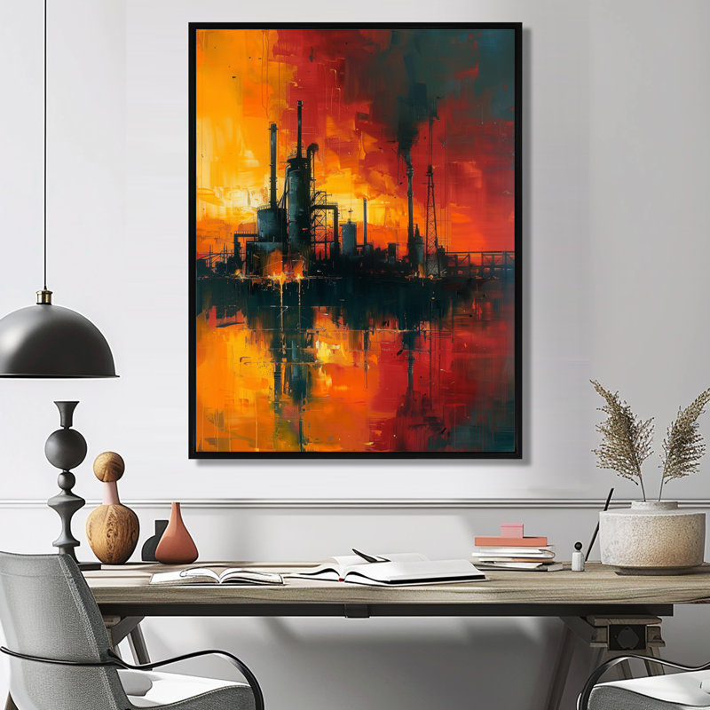 «Red Industrial Factory Polution II», impression d'art mural, H 44 po x l 34 po x P 1,5 po, Toile avec cadre flottant noir