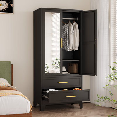 Armoire garde-robe en métal avec miroir et 2 tiroirs