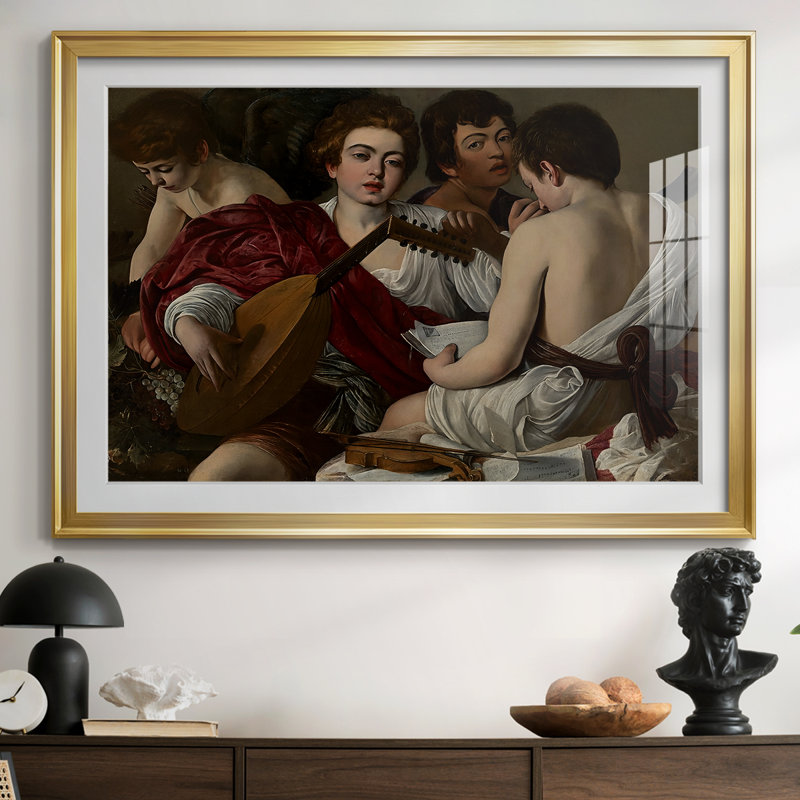 The Musisans-Caravaggio-Reproduction encadrée avec passe-partout et verre-c. 1595, 30 x 5 x 42,5, Impression encadrée, Doré