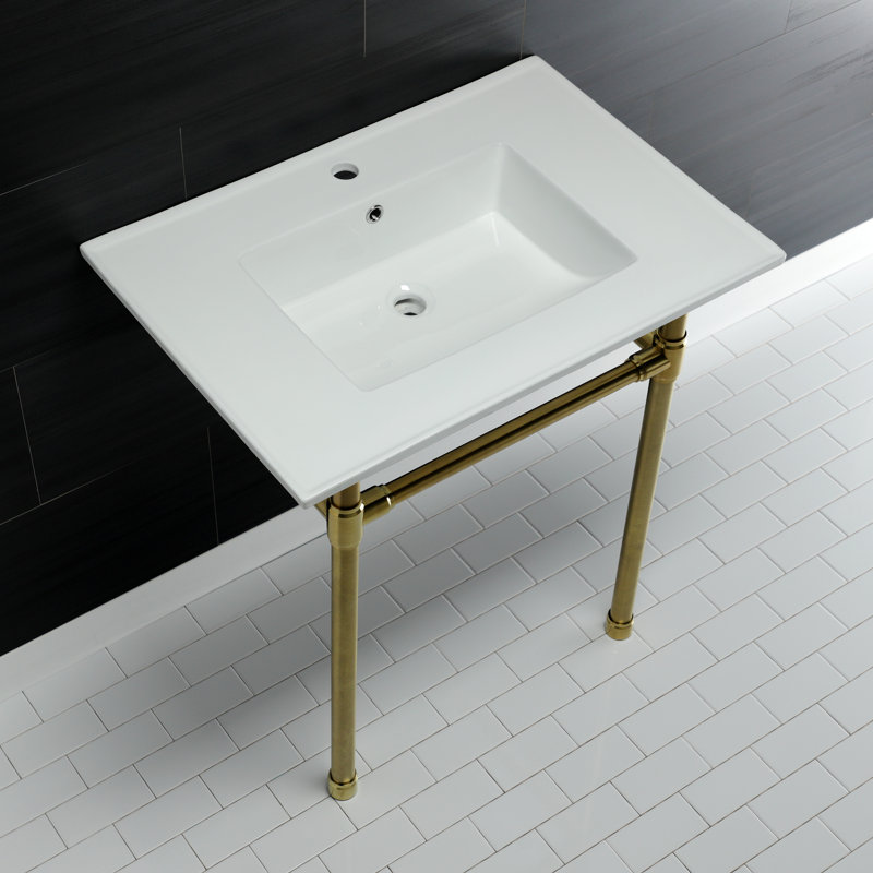 Kingston Brass Dreyfuss 31-Inch Ceramic Console Sink with Stainless Steel Legs, Brushed Brass, Single