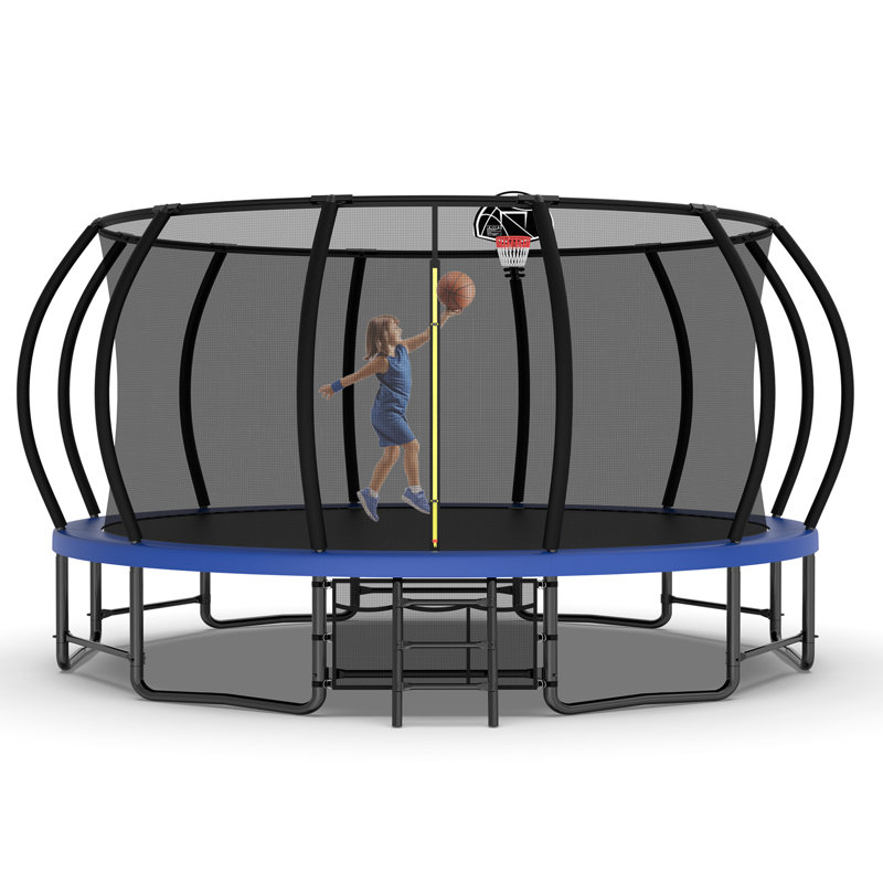Trampoline 15 pi avec panier de basketball - Trampolines récréatives avec échelle, sac à chaussures et revêtement antirouille galvanisé