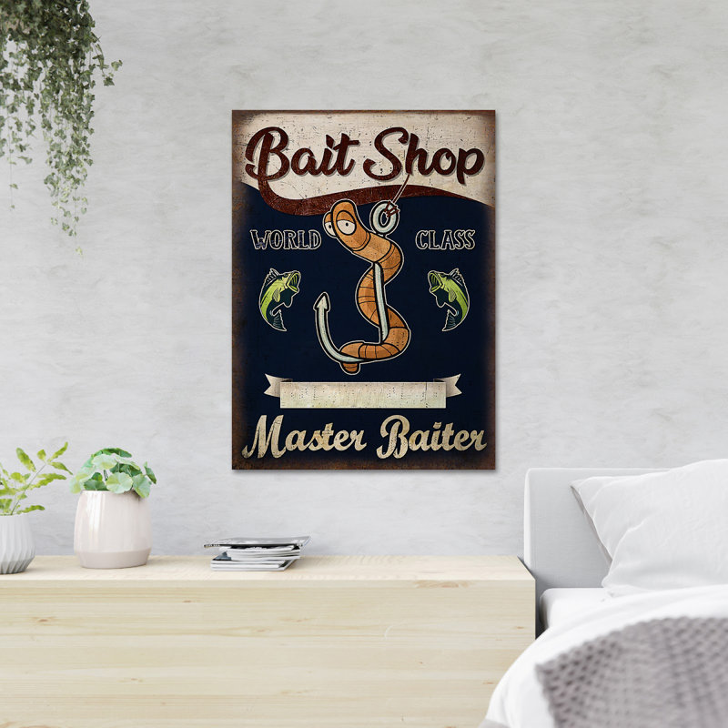 A Worm And Two Fishes - Bait Shop World Class Master Baiter - 1 Piece Rectangle Graphic Art Print On Wrapped Canvas