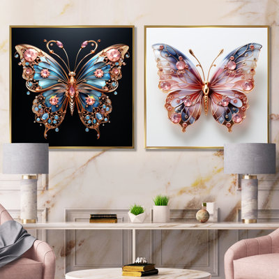 Blue And Pink Crystal Butterfly I - Butterfly Canvas Art Print Set Of 2