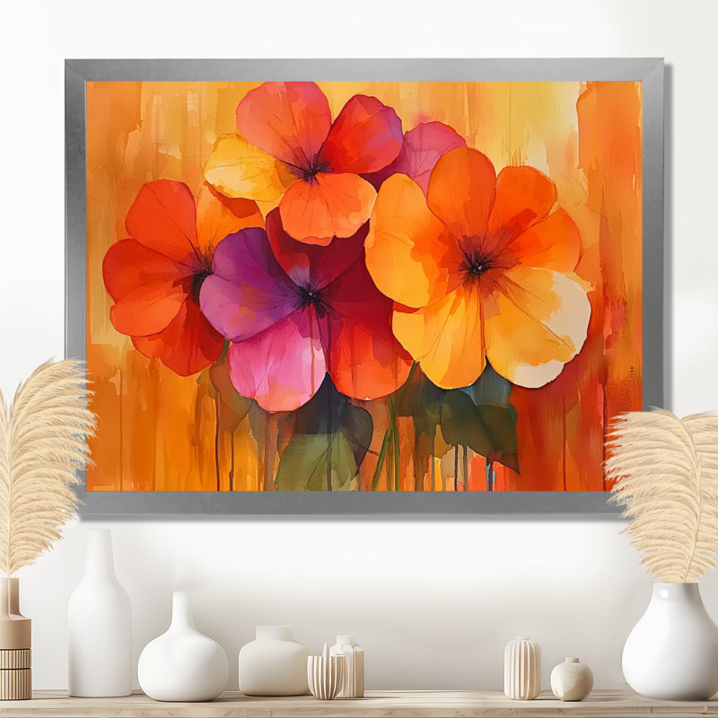 «Burnanium Geraniums In Fiery Shades Expression II» - art mural géraniums, H 12 po x l 20 po, Cadre simple, Argent argent