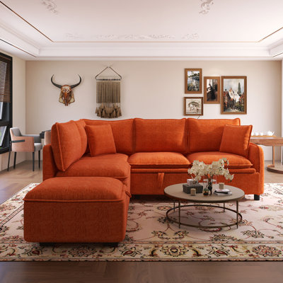 82.67" L-Shaped Convertible Sofa with Two Pillows, Power Sockets and Ottoman