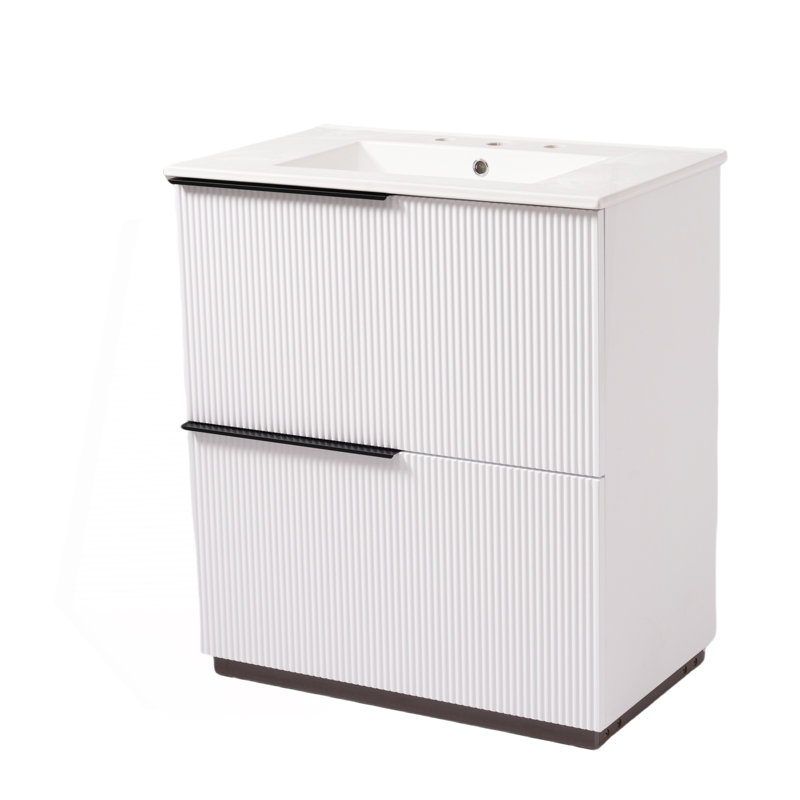 Meuble-lavabo de 30 po avec lavabo en céramique et tiroirs pleine extension, glissières de tiroir encastrées à fermeture en douceur, conception cannelée, blanc