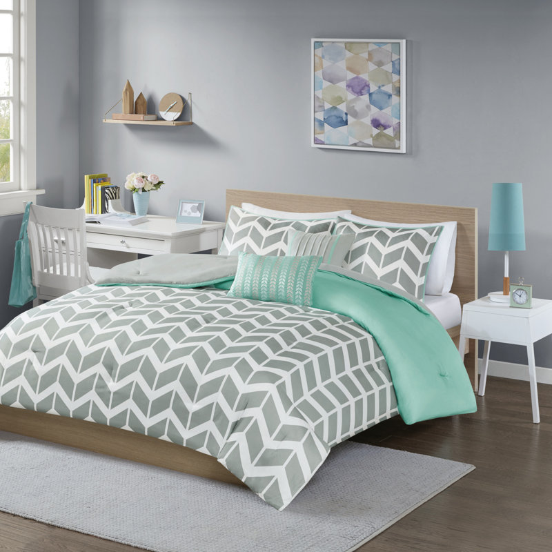 Ensemble d'édredon 3 pièces Nadia Aqua Modern & Contemporary, Édredon simple / simple TG, 1 taie décorative et, Turquoise