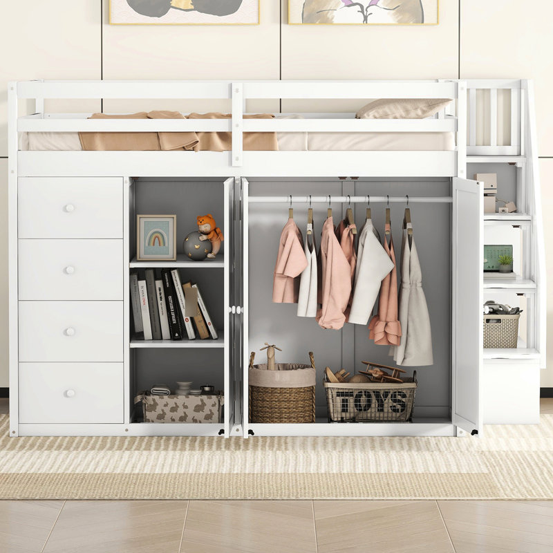 Lit mezzanine double en blanc avec rangement spacieux - Organisez votre chambre à coucher en bois massif pour économiser de l'espace et des meubles élégants